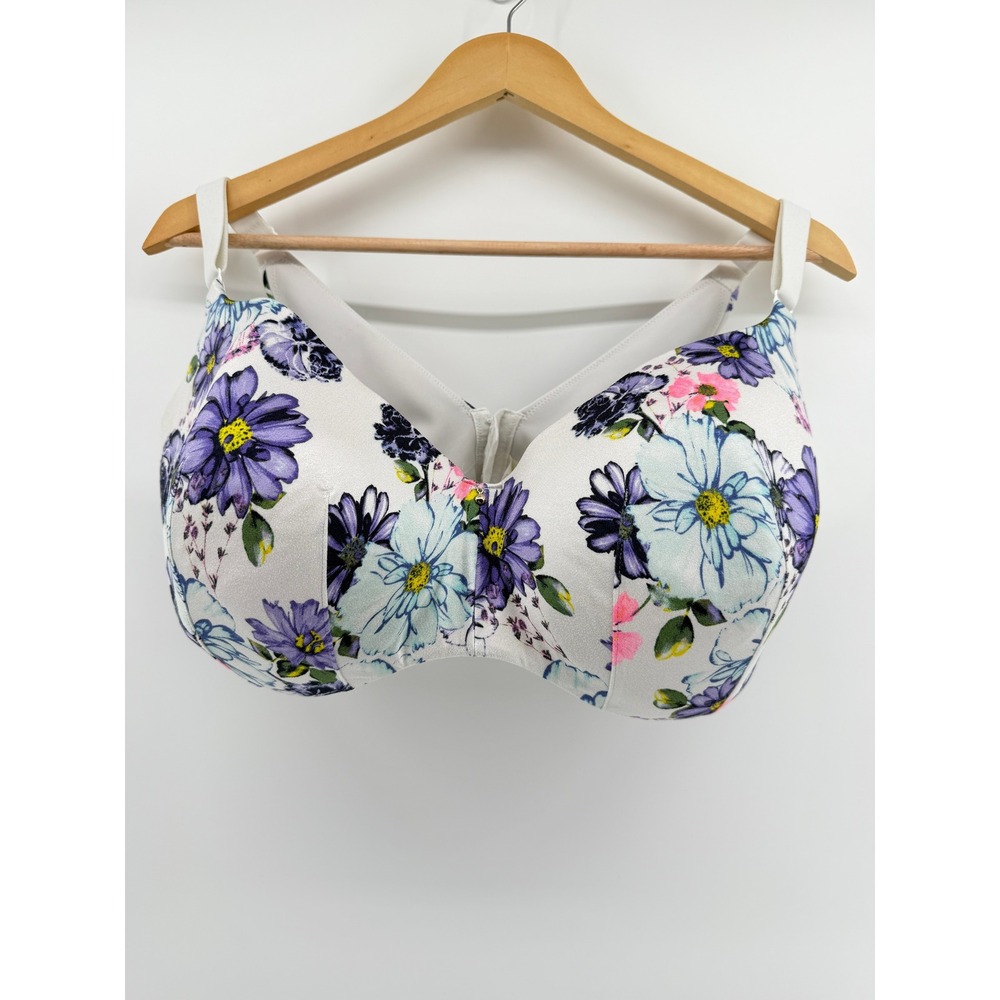 Cacique Lightly Lined Balconette Bra 38H White Purple Floral Underwire Intimates